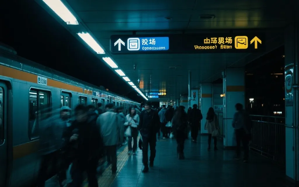 地铁站夜间散场人流与指示牌,纪录片风格,清晰导向